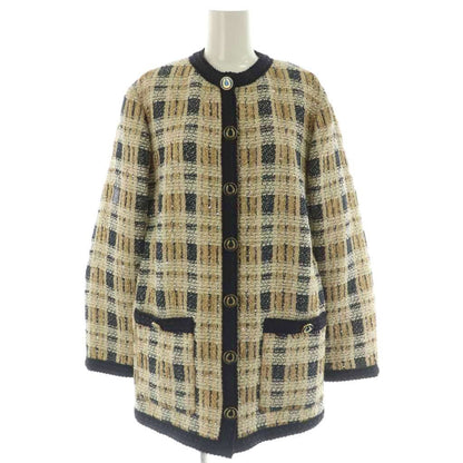 Gucci Tweed Jacket Collarless Beige Navy 36