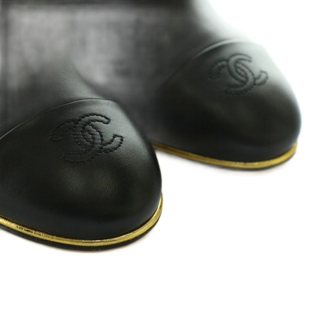 Chanel CC Logo Wedge Sole Boots Short Leather 38C Black — view 5