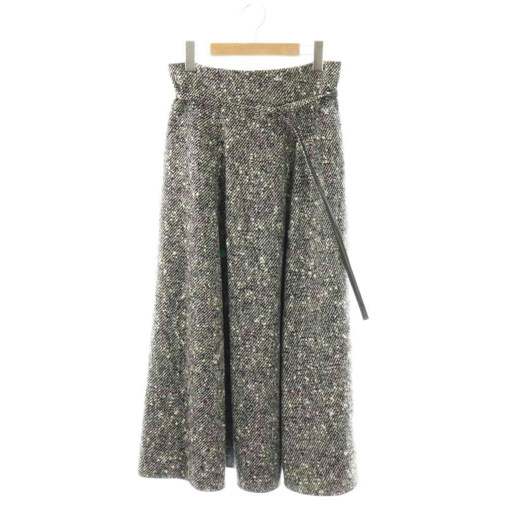 Dior Tweed Long Skirt Flared Wool with Belt Black Gray 38
