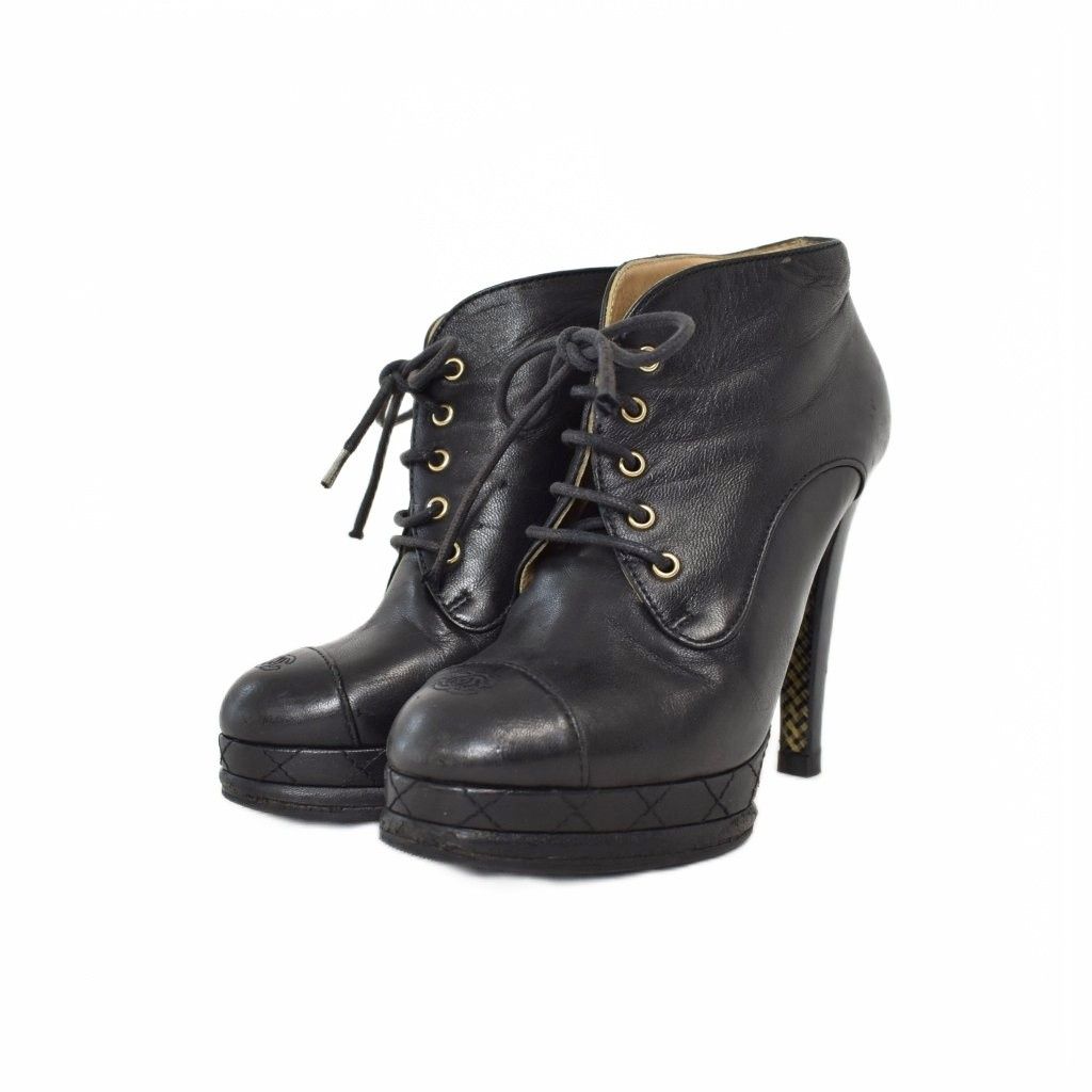 Chanel Short Boots Booties High Heels CC Logo Leather Black