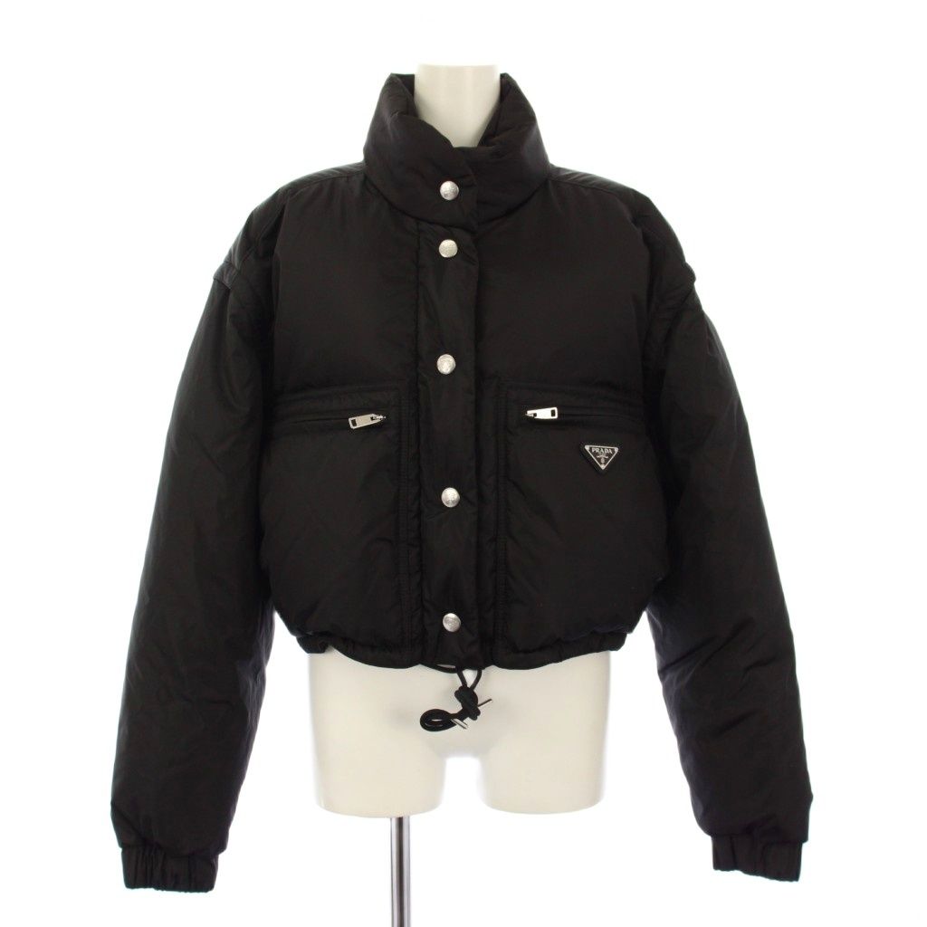 Prada Re-Nylon Triangle Logo Down Jacket Cropped Length Black 40