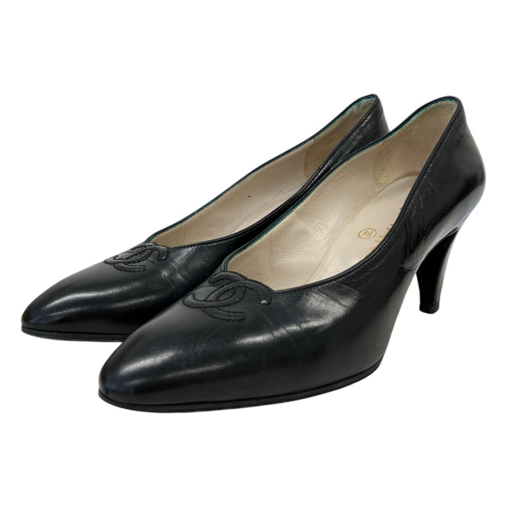 Chanel CC Logo Stitch Leather Pumps Small Black Spring Summer Fall