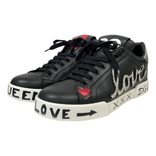 Dolce & Gabbana Portofino Love Glitter Patch Leather Sneakers Black