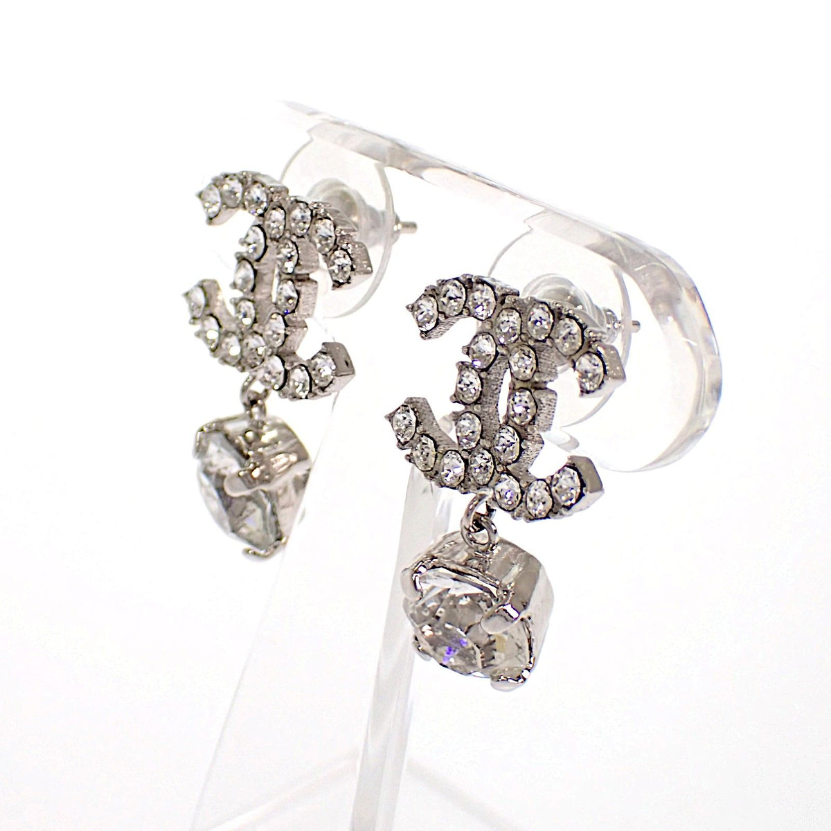 Chanel CC Logo Earrings Metal Crystal Silver — view 3