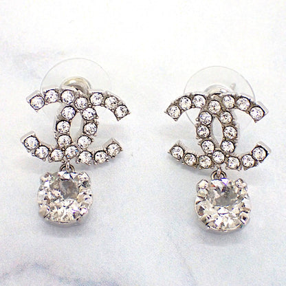 Chanel CC Logo Earrings Metal Crystal Silver