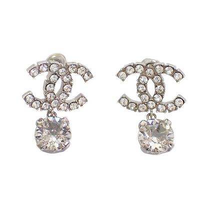 Chanel CC Logo Earrings Metal Crystal Silver — view 2