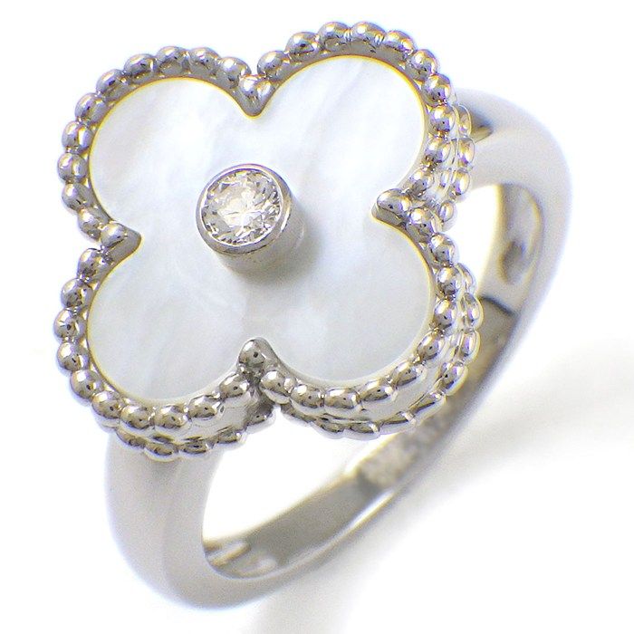 Van Cleef & Arpels Ring Vintage Alhambra Diamond White Shell 18k White Gold