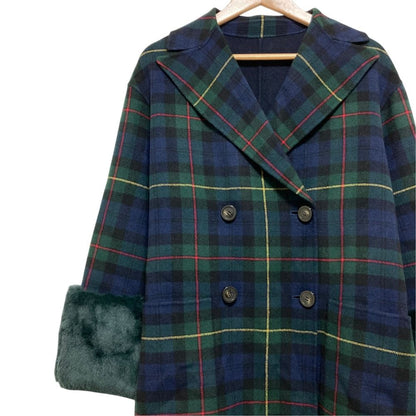 Max Mara Weekend Cucito Mano Fur Trim Check River Coat Navy Fall Winter 40 — view 3