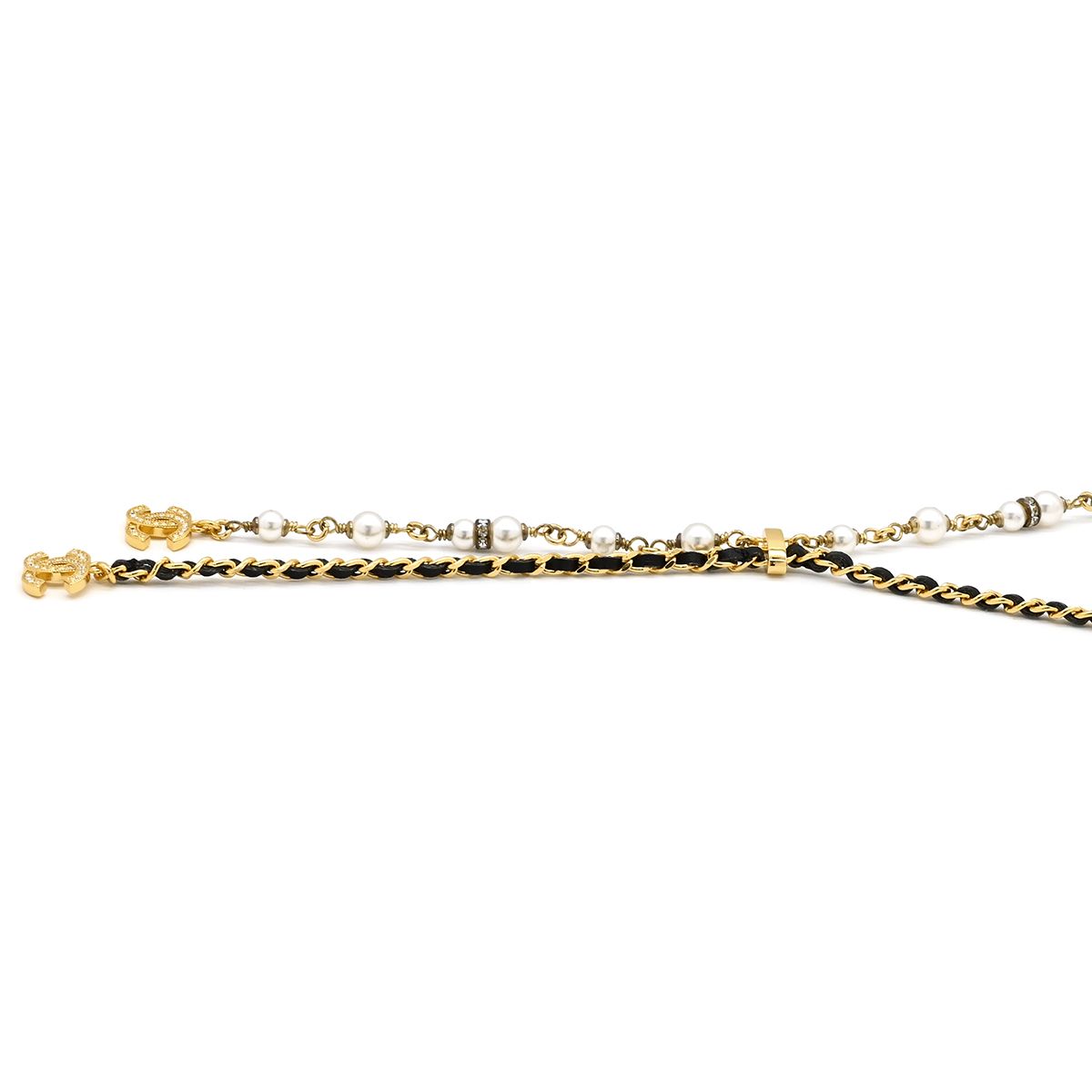 Chanel Necklace CC Logo Long Rhinestone Faux Pearl Gold CC Mark Shape — view 2