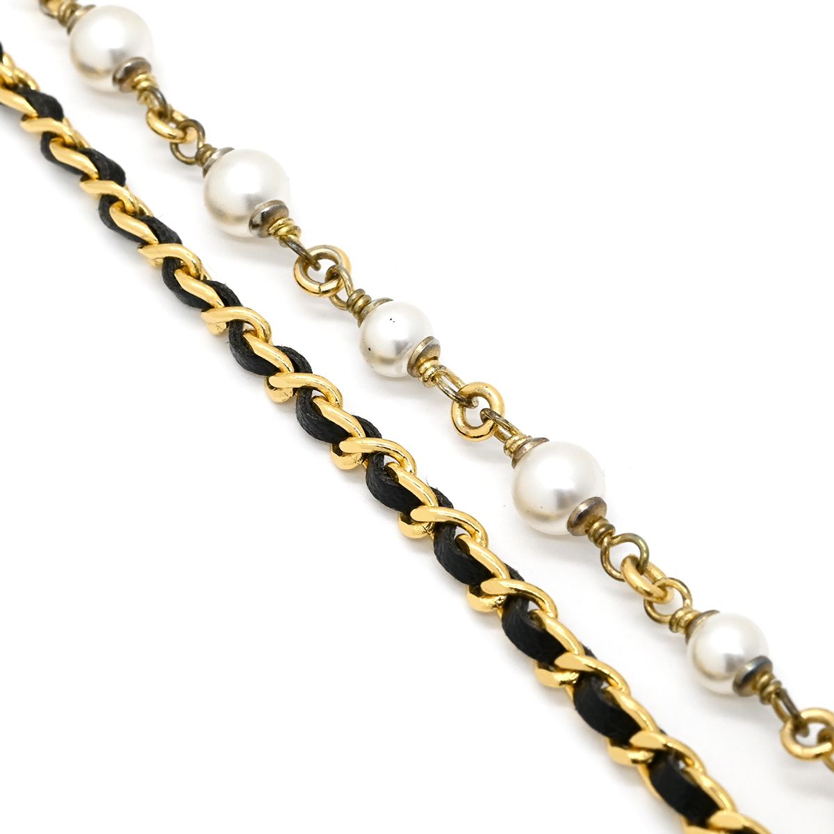 Chanel Necklace CC Logo Long Rhinestone Faux Pearl Gold CC Mark Shape — view 3