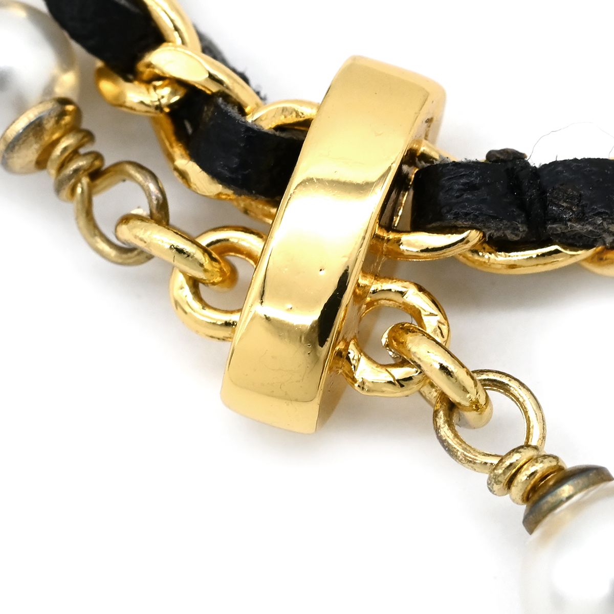 Chanel Necklace CC Logo Long Rhinestone Faux Pearl Gold CC Mark Shape — view 4