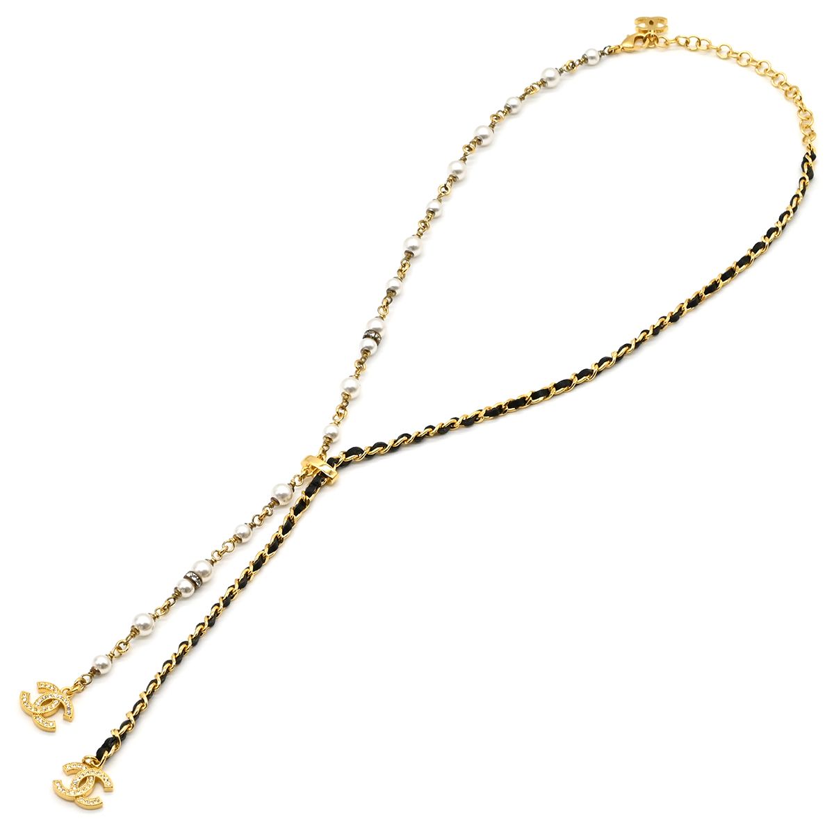 Chanel Necklace CC Logo Long Rhinestone Faux Pearl Gold CC Mark Shape — view 8