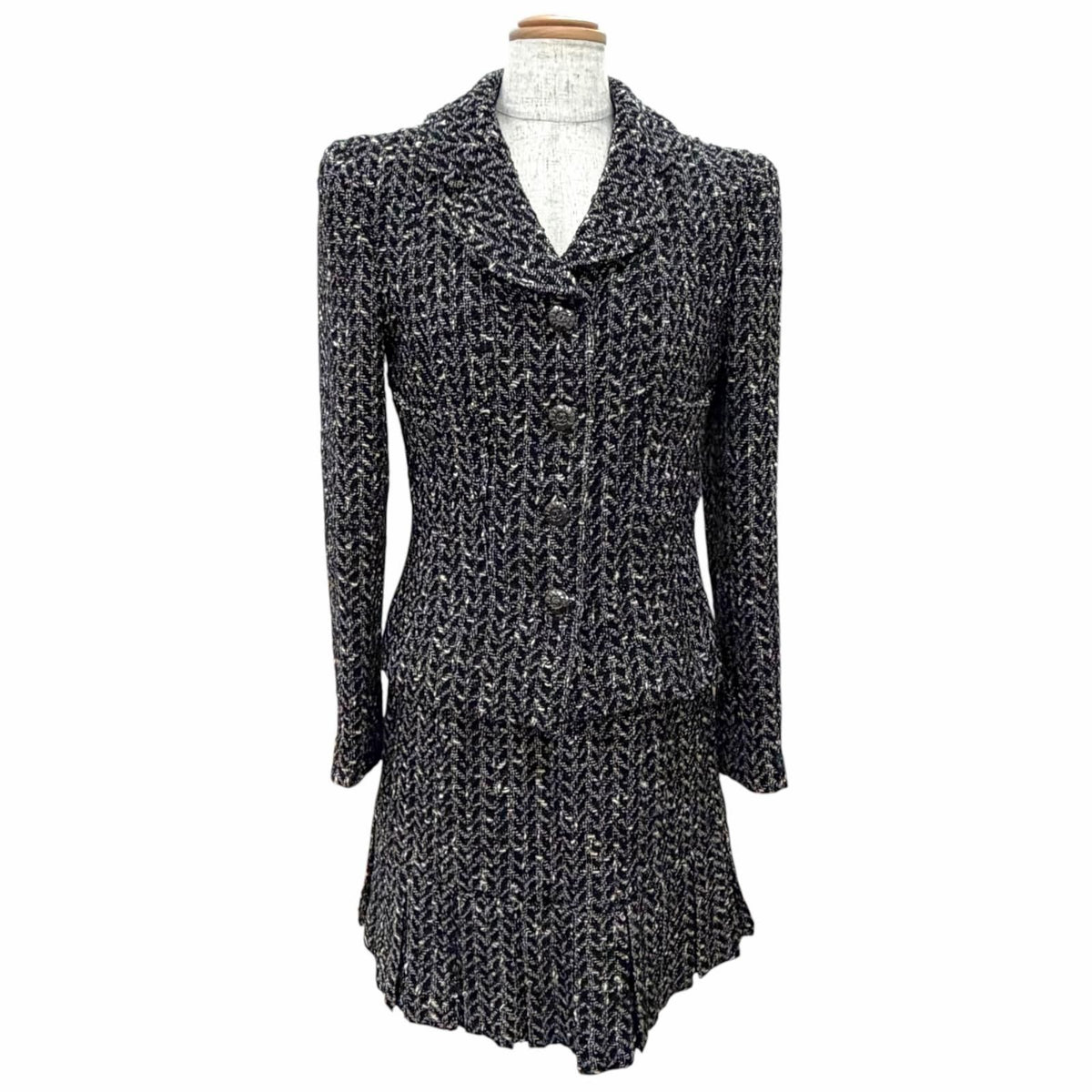 Chanel Vintage 97A Wool Coco Buttons Mixed Tweed Skirt Suit Set Black Total FR