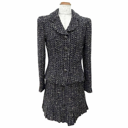 Chanel Vintage 97A Wool Coco Buttons Mixed Tweed Skirt Suit Set Black Total FR