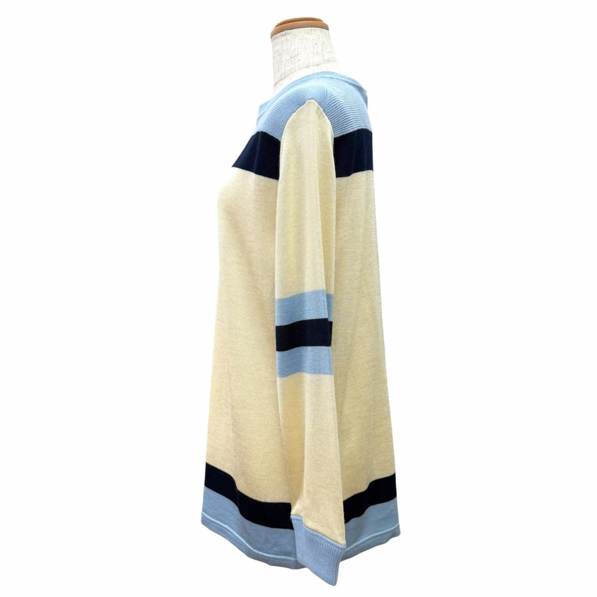 Louis Vuitton Wool Logo Patch Long Sleeve Knit Top Blue Ivory Navy Sweater — view 3