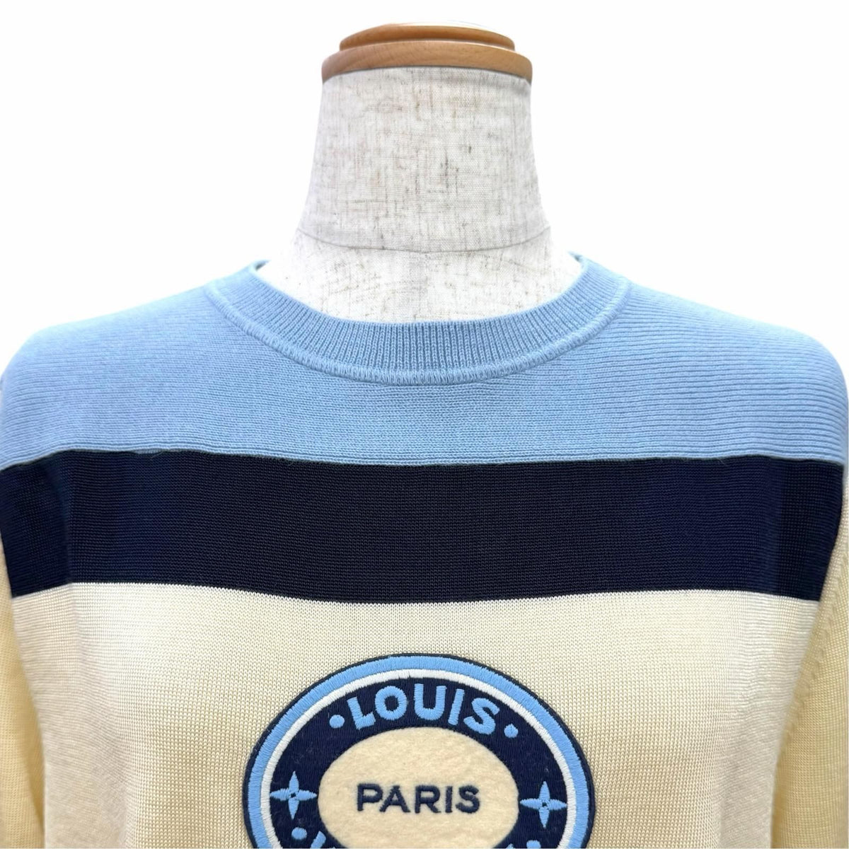 Louis Vuitton Wool Logo Patch Long Sleeve Knit Top Blue Ivory Navy Sweater — view 2
