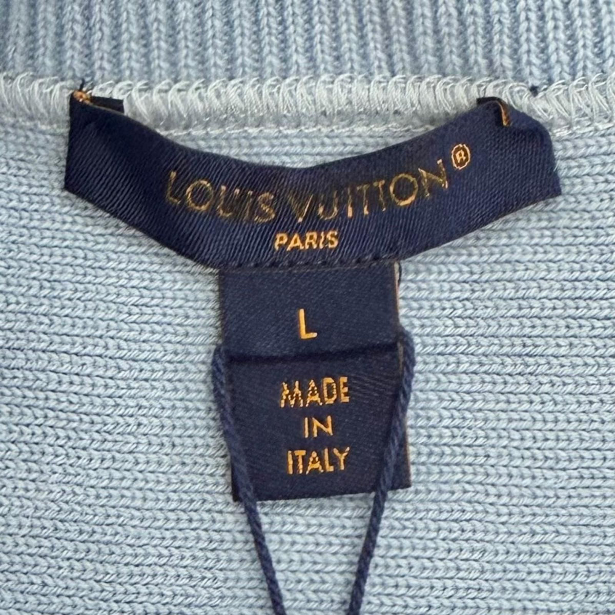 Louis Vuitton Wool Logo Patch Long Sleeve Knit Top Blue Ivory Navy Sweater — view 6