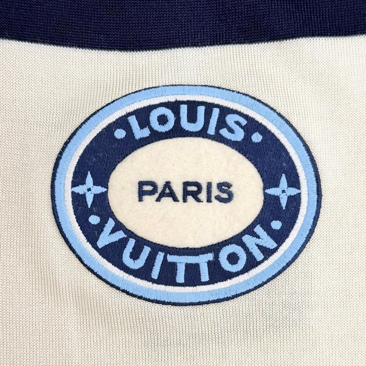 Louis Vuitton Wool Logo Patch Long Sleeve Knit Top Blue Ivory Navy Sweater — view 5