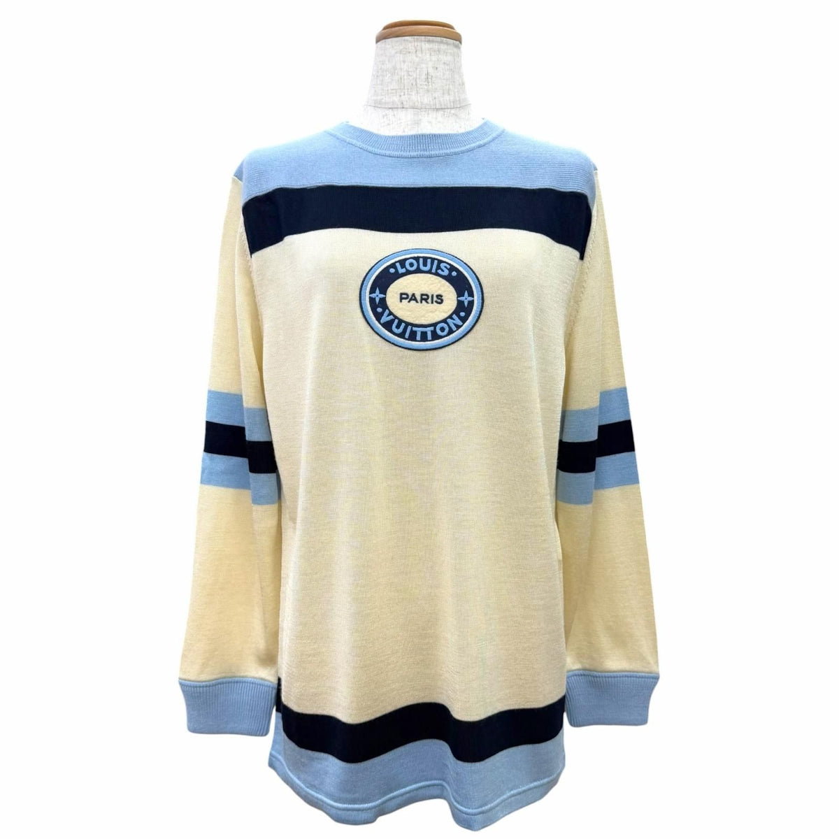 Louis Vuitton Wool Logo Patch Long Sleeve Knit Top Blue Ivory Navy Sweater