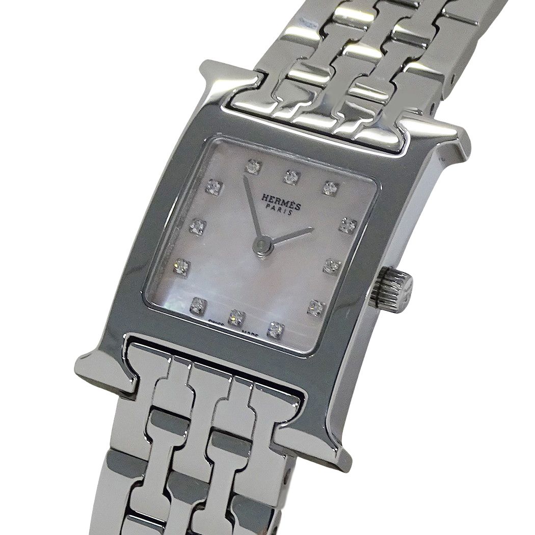 Hermes Watch H Diamond Shell Quartz Stainless Steel Silver
