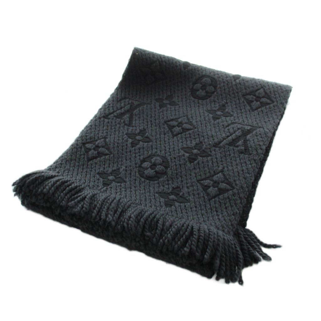 Louis Vuitton Scarf Shawl Logo Monogram Fringe Silk Blend Black