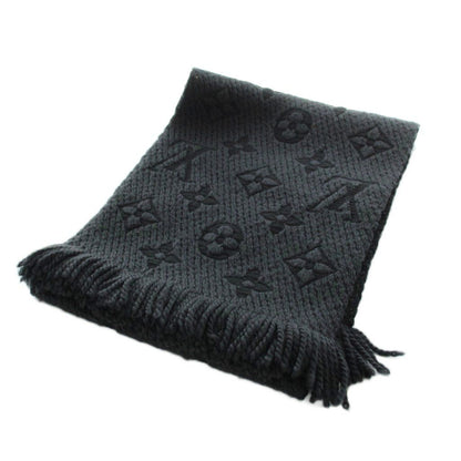 Louis Vuitton Scarf Shawl Logo Monogram Fringe Silk Blend Black