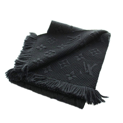 Louis Vuitton Scarf Shawl Logo Monogram Fringe Silk Blend Black — view 2