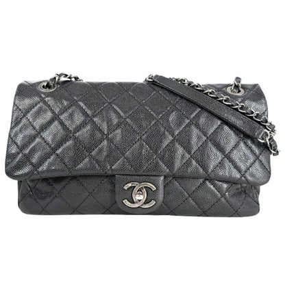 Chanel Shoulder Bag Double Chain CC Logo Crossbody Caviar Leather Black Antique