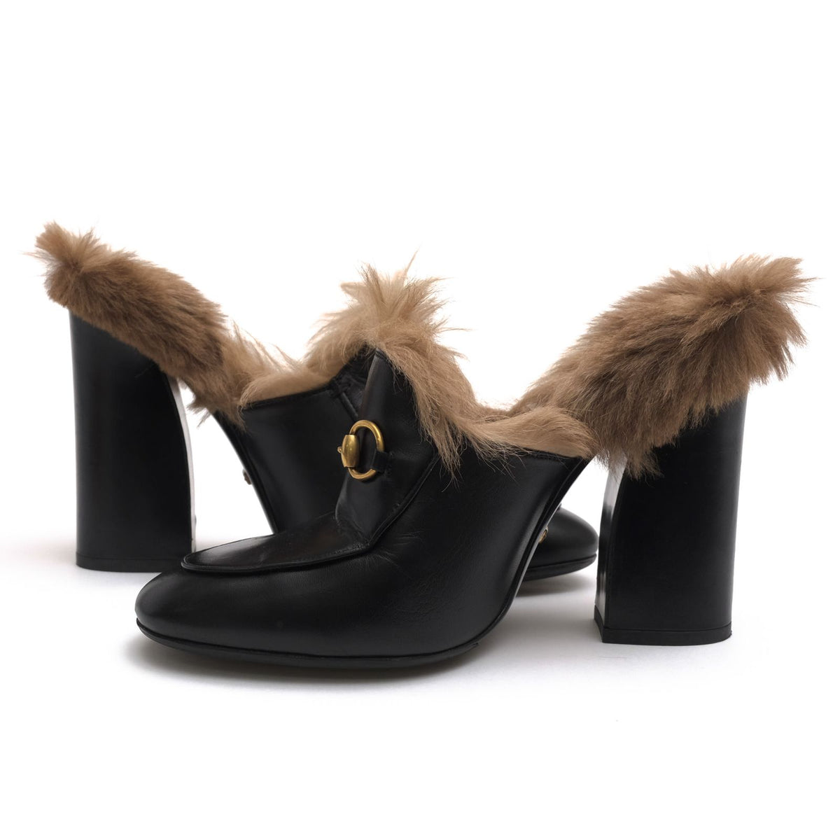 Gucci Pumps Shoes Leather Black GG Princetown Mules High Heels Fur — view 3