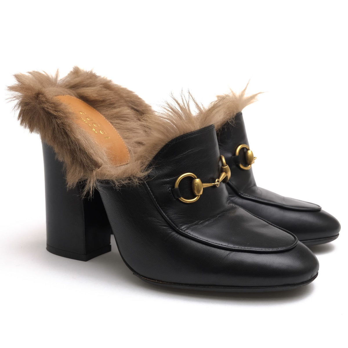 Gucci Pumps Shoes Leather Black GG Princetown Mules High Heels Fur — view 2