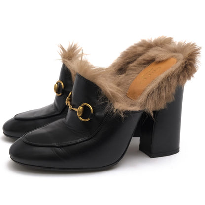 Gucci Pumps Shoes Leather Black GG Princetown Mules High Heels Fur