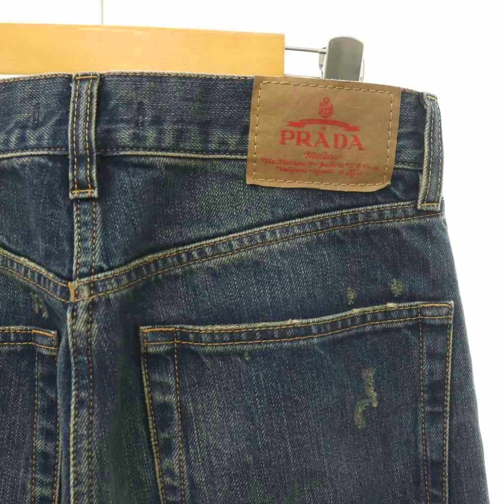 Prada Straight Leg Wash Denim Jeans Pants Button Fly Distressed Indigo 24 — view 6