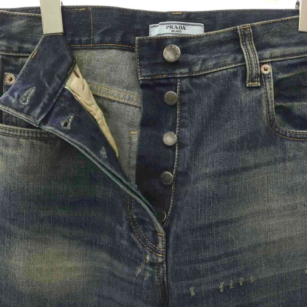 Prada Straight Leg Wash Denim Jeans Pants Button Fly Distressed Indigo 24 — view 4