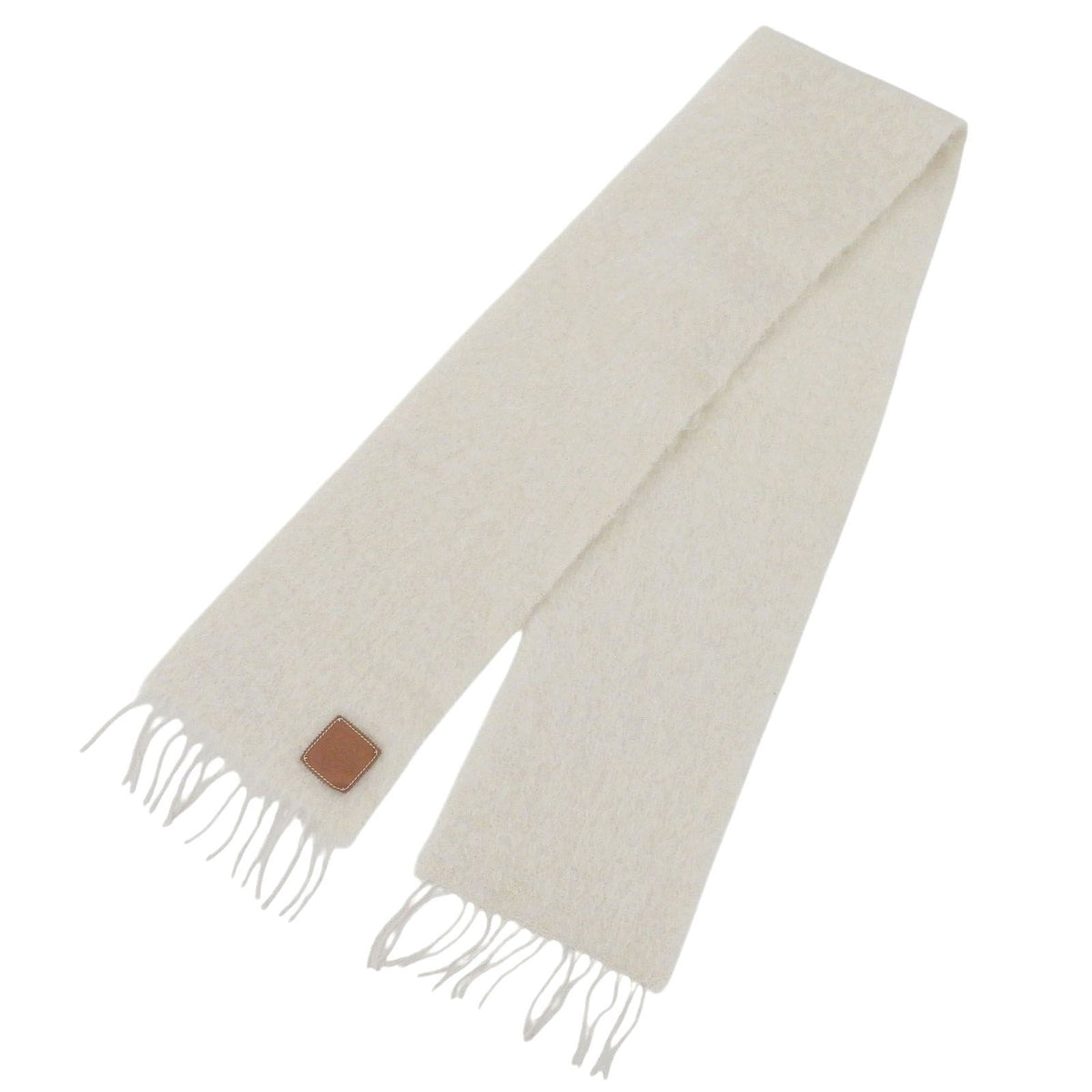 Loewe Mohair Wool Anagram Leather Patch Scarf with Fringe White Brown — view 3