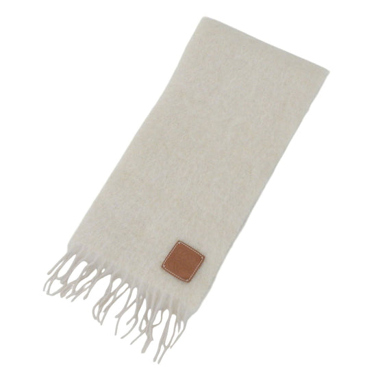 Loewe Mohair Wool Anagram Leather Patch Scarf with Fringe White Brown