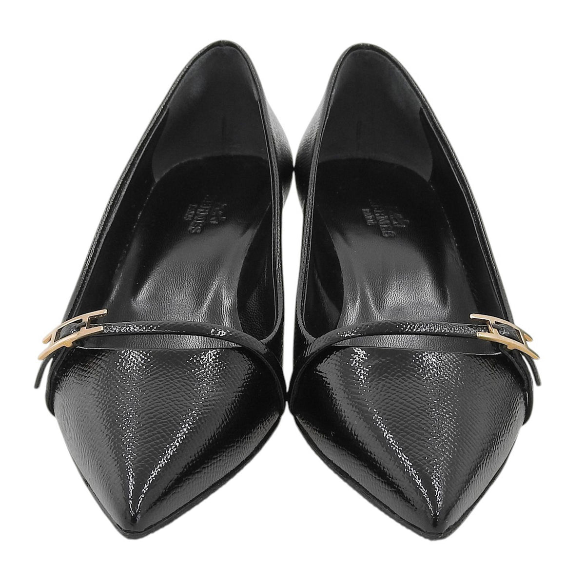 Hermes Patent Leather Hapi Buckle Pointed Toe Pumps Black Heels — view 3