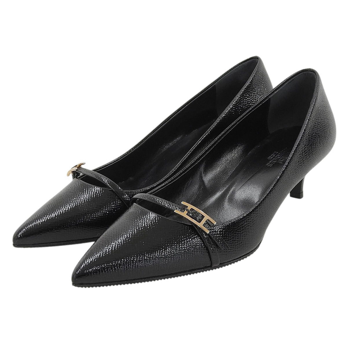 Hermes Patent Leather Hapi Buckle Pointed Toe Pumps Black Heels