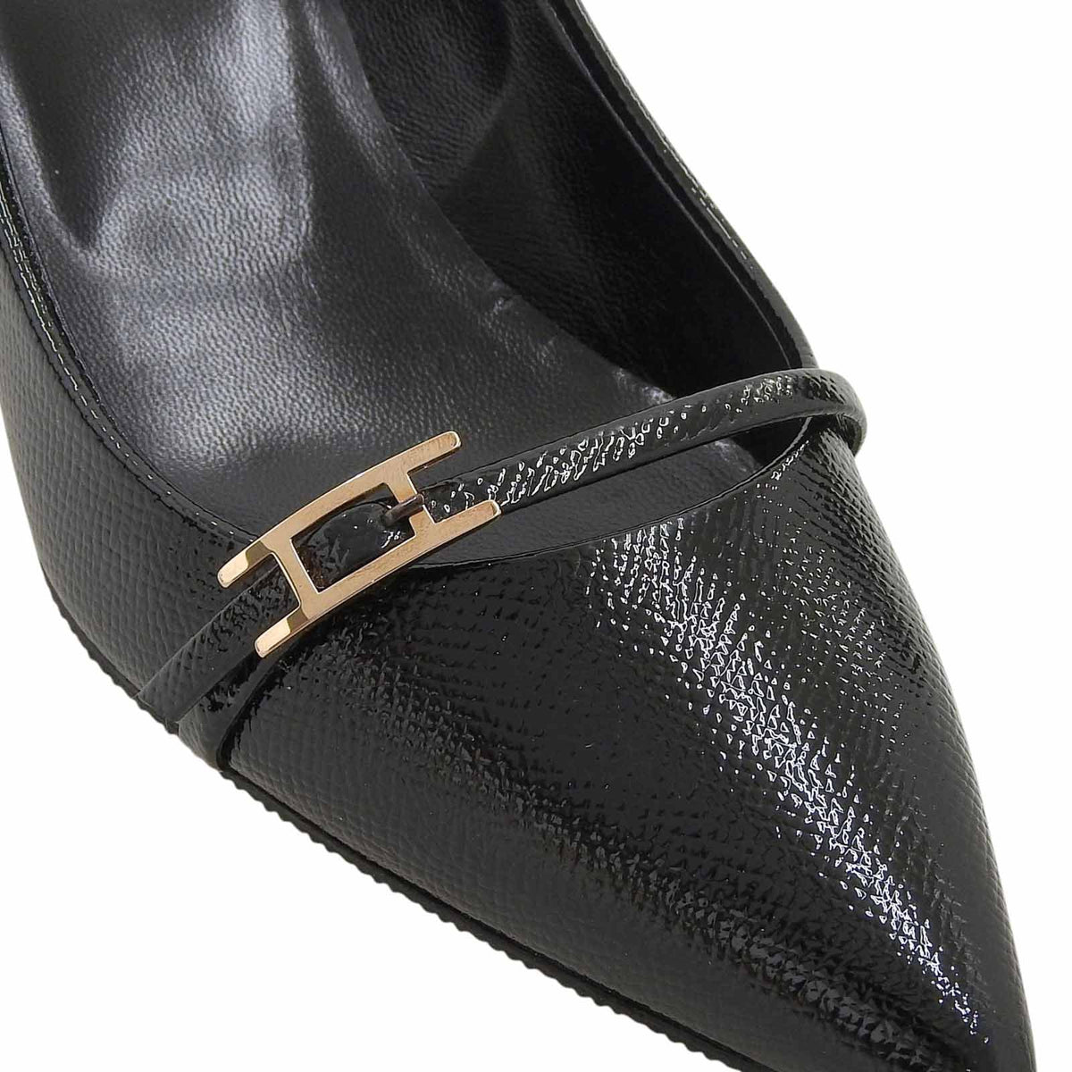 Hermes Patent Leather Hapi Buckle Pointed Toe Pumps Black Heels — view 5