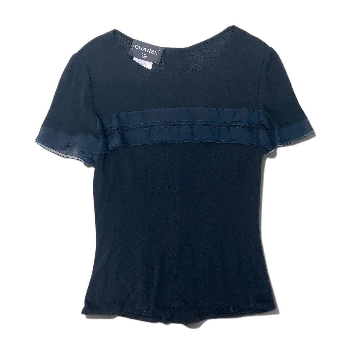 Chanel Short Sleeve Knit Sweater CC Logo Button Black Rayon 36 — view 3