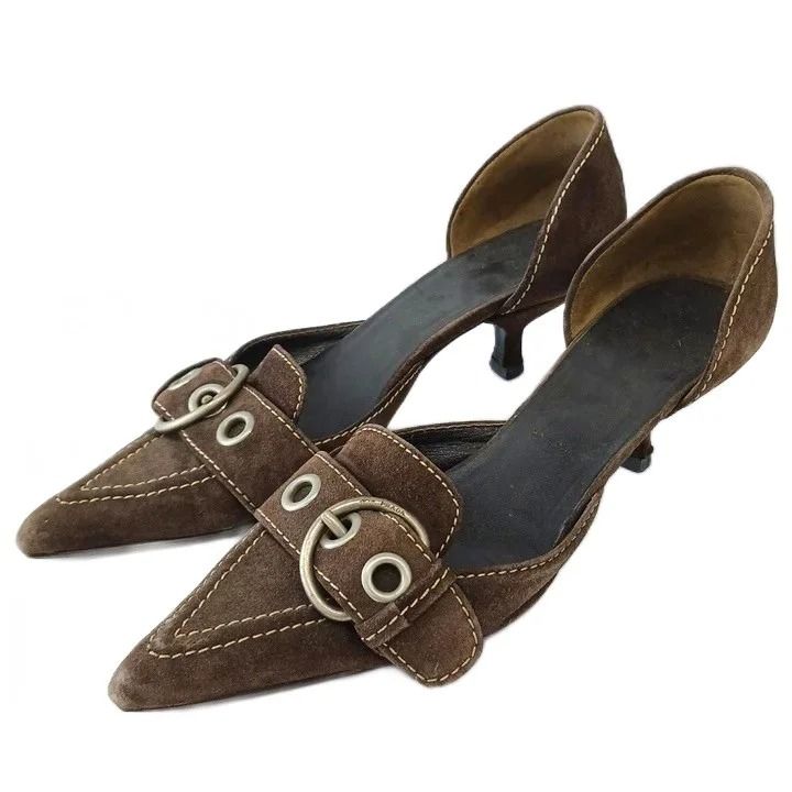 Prada Pumps Suede Pointed Toe Kitten Heels Buckle Brown