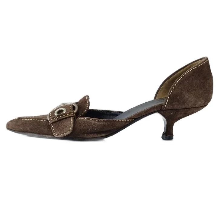 Prada Pumps Suede Pointed Toe Kitten Heels Buckle Brown — view 2
