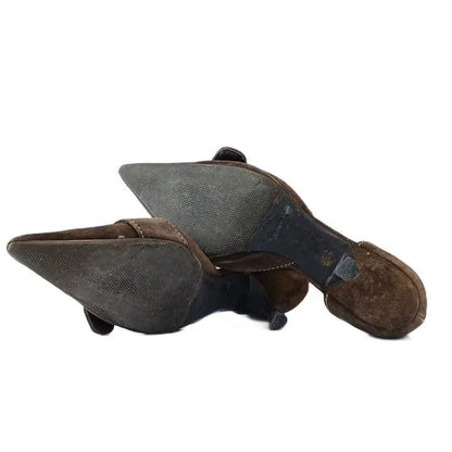 Prada Pumps Suede Pointed Toe Kitten Heels Buckle Brown — view 6