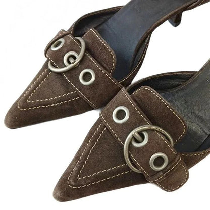 Prada Pumps Suede Pointed Toe Kitten Heels Buckle Brown — view 3