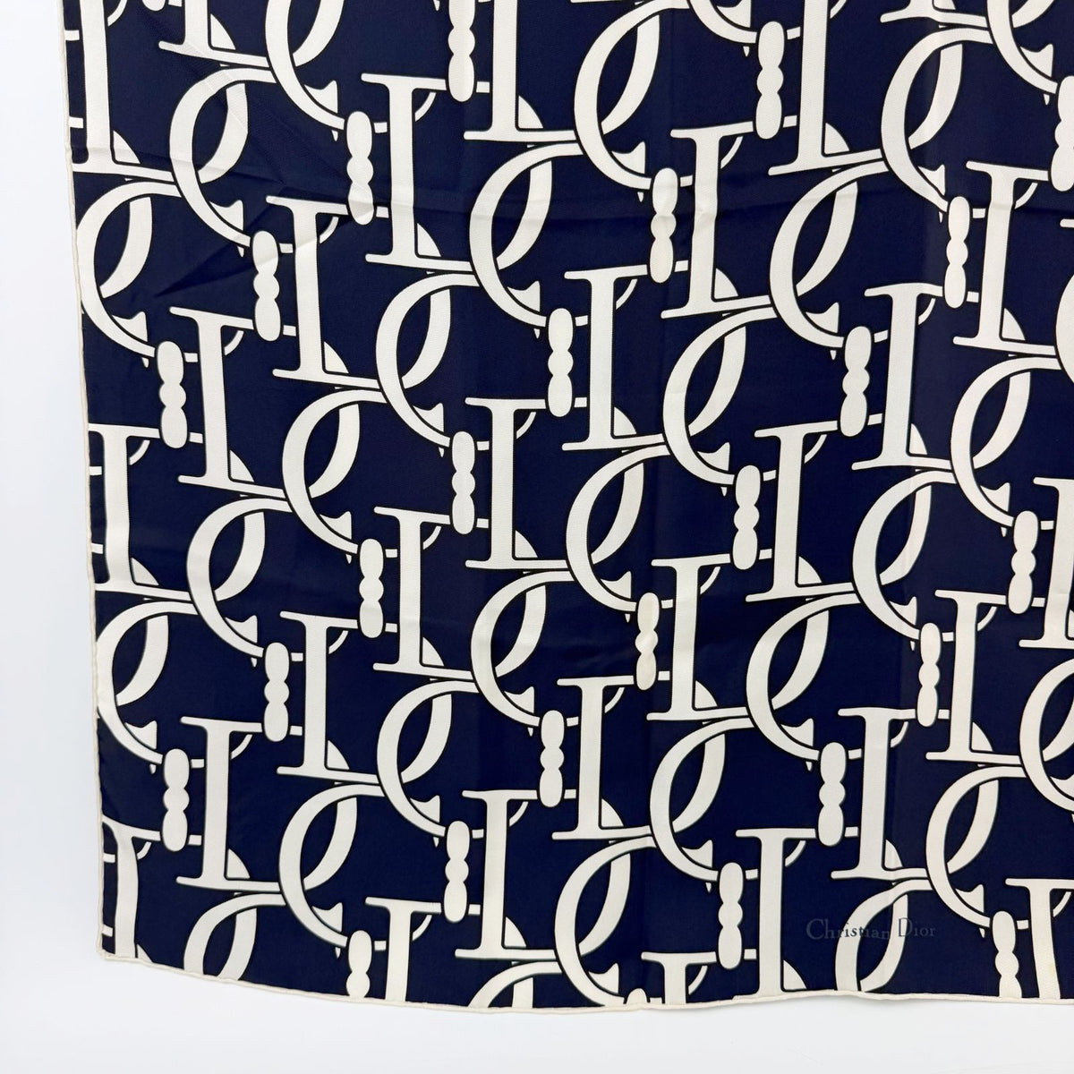 Dior CD Logo Monogram All Over Print Scarf Silk 100% Navy Ivory Vintage — view 4