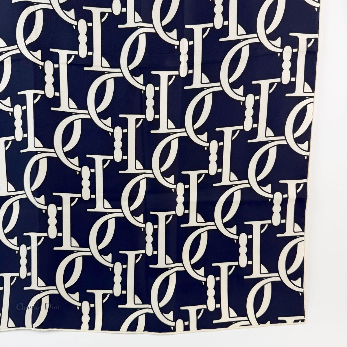 Dior CD Logo Monogram All Over Print Scarf Silk 100% Navy Ivory Vintage — view 5