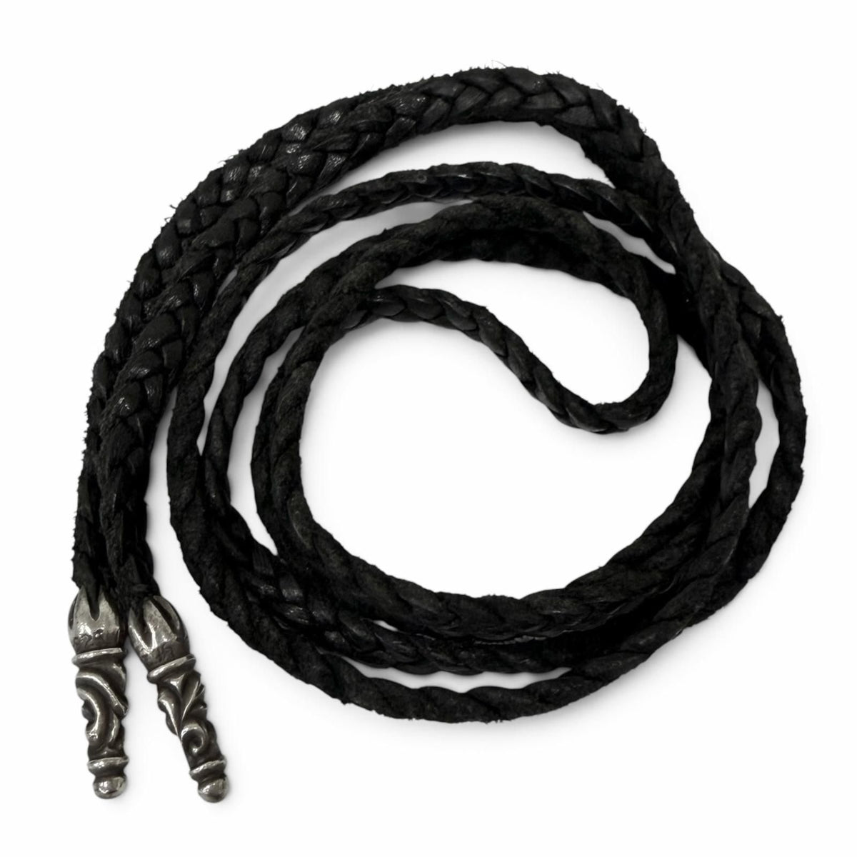Chrome Hearts Leather Braid Scroll 925 Sterling Silver Bolo Chip Necklace Black