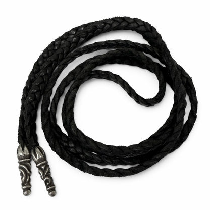 Chrome Hearts Leather Braid Scroll 925 Sterling Silver Bolo Chip Necklace Black