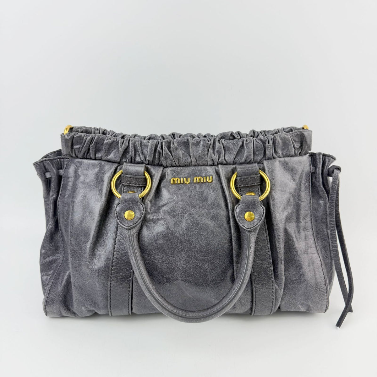 Miu Miu Logo Gathered Ring 2-Way Shoulder Bag Leather Gray Gold Vintage
