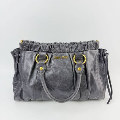 Miu Miu Logo Gathered Ring 2-Way Shoulder Bag Leather Gray Gold Vintage
