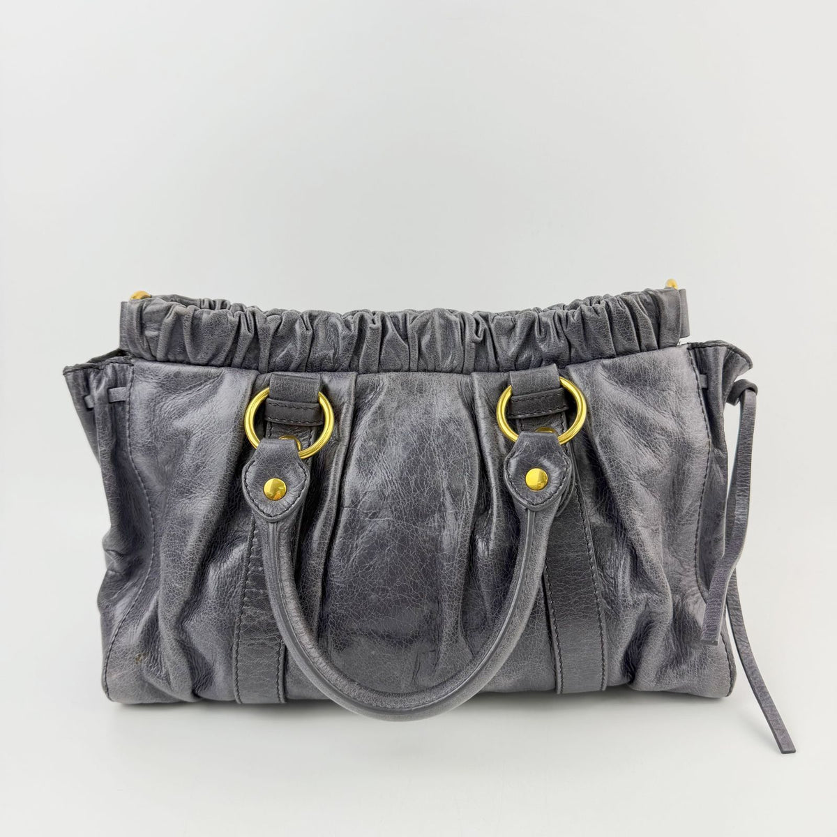 Miu Miu Logo Gathered Ring 2-Way Shoulder Bag Leather Gray Gold Vintage — view 2